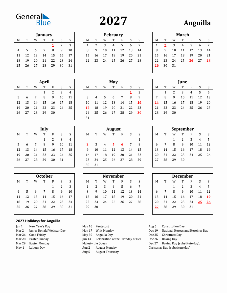 Free Printable 2027 Anguilla Holiday Calendar