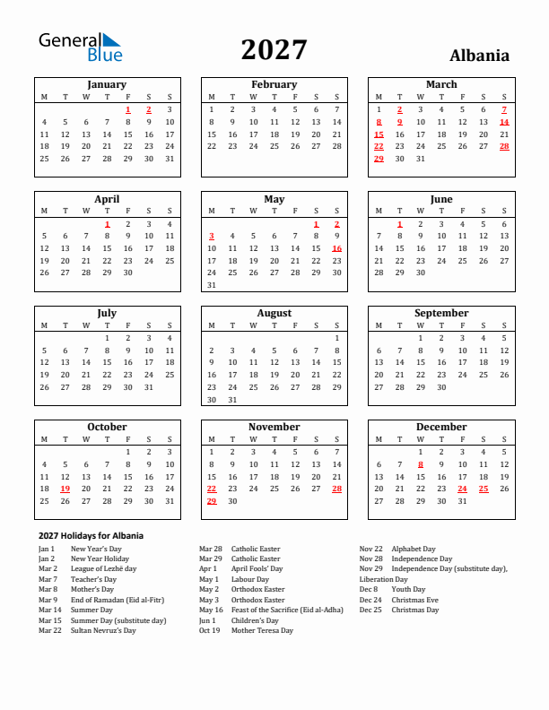2027 Albania Holiday Calendar - Monday Start