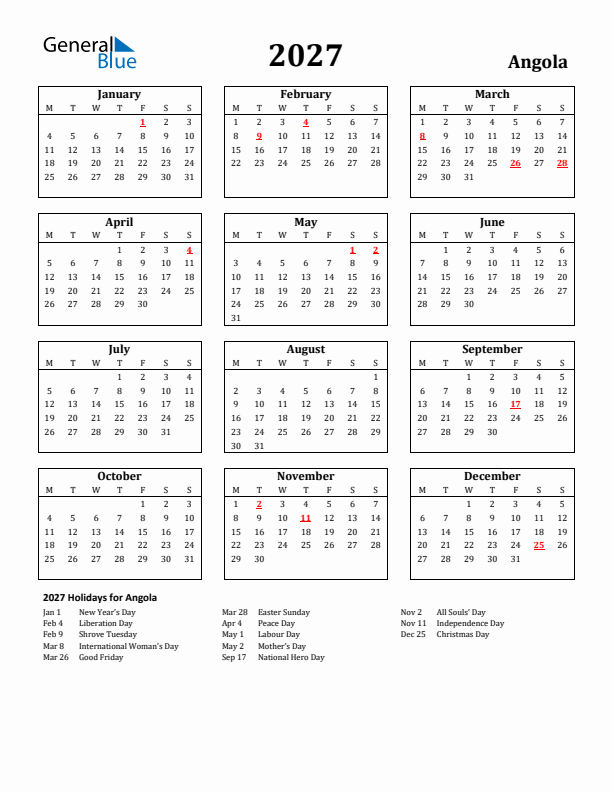 2027 Angola Holiday Calendar - Monday Start