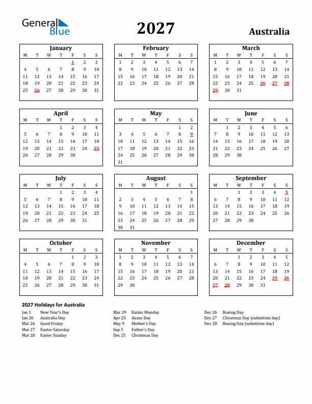 2027 Australia Holiday Calendar - Monday Start