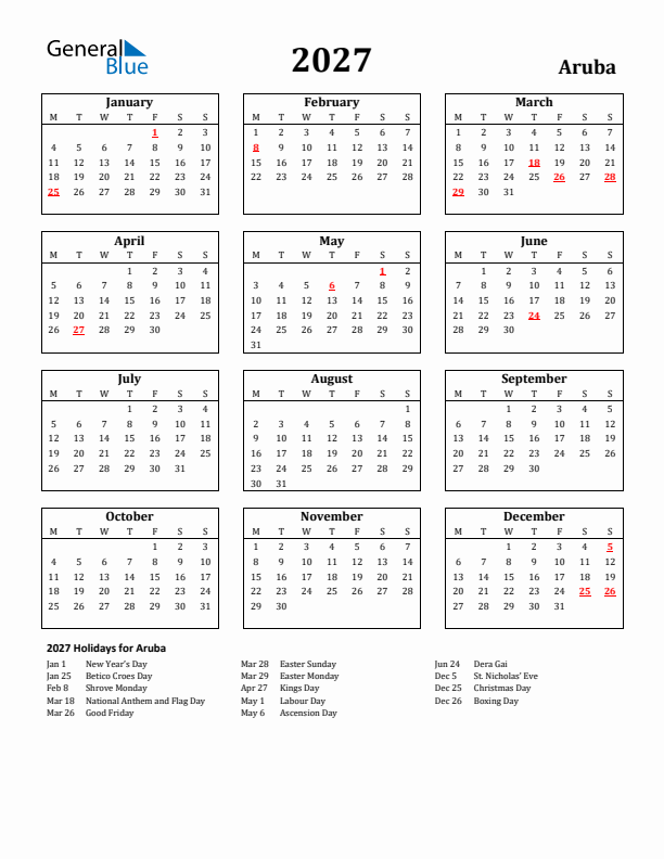 2027 Aruba Holiday Calendar - Monday Start