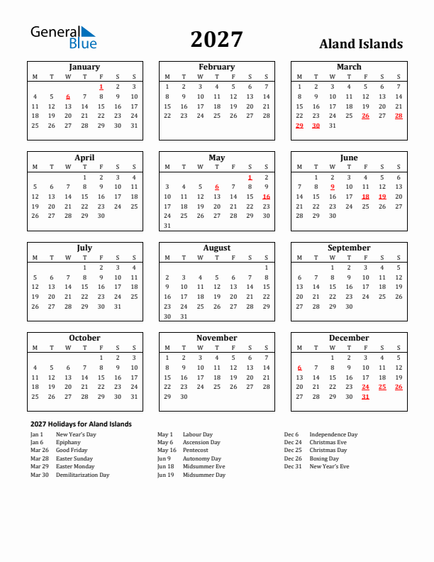 2027 Aland Islands Holiday Calendar - Monday Start