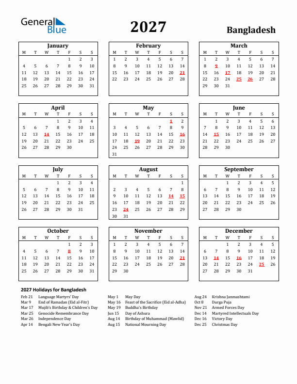 2027 Bangladesh Holiday Calendar - Monday Start