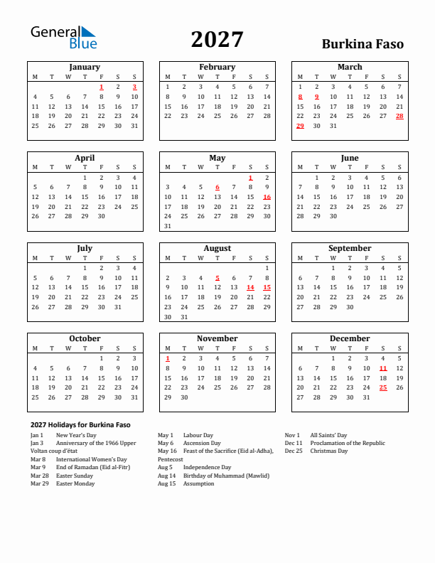 2027 Burkina Faso Holiday Calendar - Monday Start