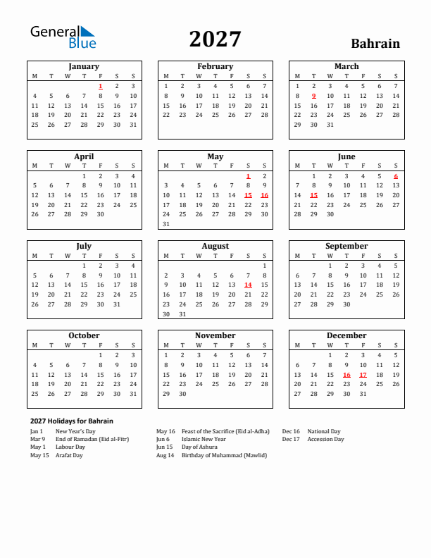 2027 Bahrain Holiday Calendar - Monday Start