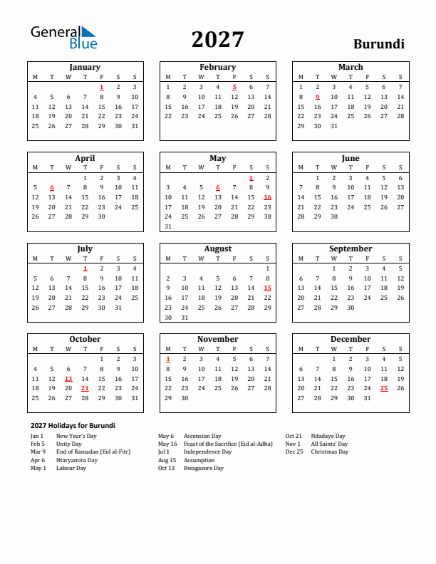 2027 Burundi Holiday Calendar - Monday Start