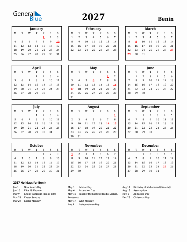 2027 Benin Holiday Calendar - Monday Start