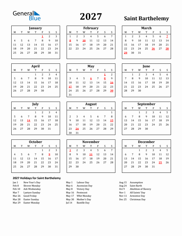 2027 Saint Barthelemy Holiday Calendar - Monday Start