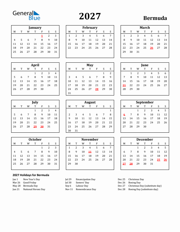 2027 Bermuda Holiday Calendar - Monday Start