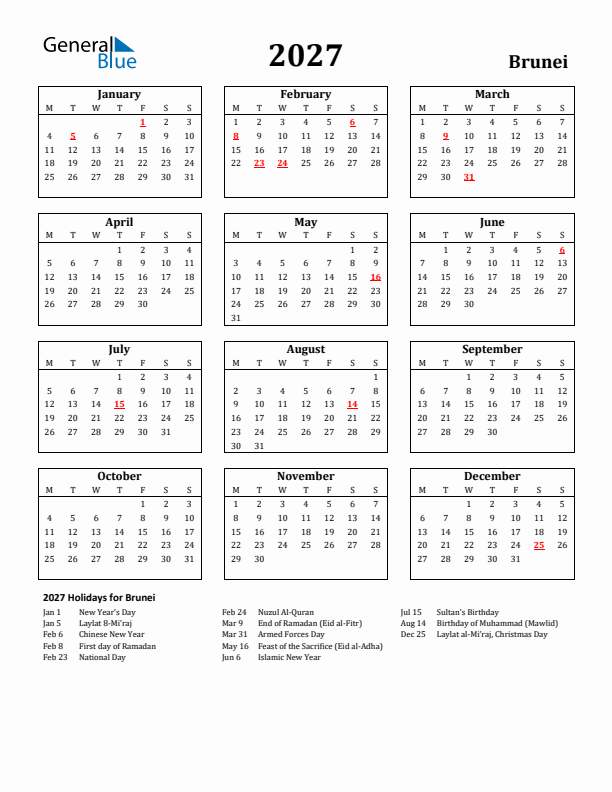 2027 Brunei Holiday Calendar - Monday Start