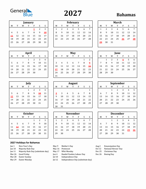 2027 Bahamas Holiday Calendar - Monday Start