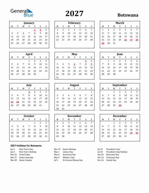 2027 Botswana Holiday Calendar - Monday Start