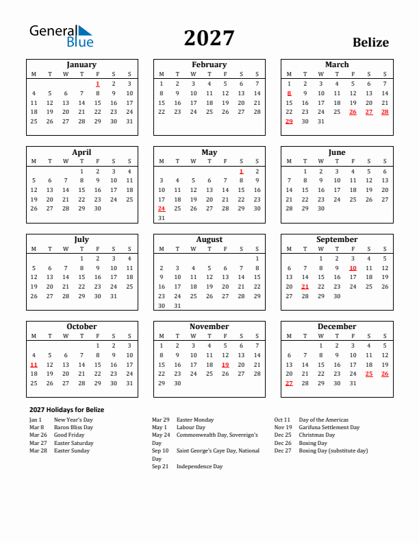 2027 Belize Holiday Calendar - Monday Start
