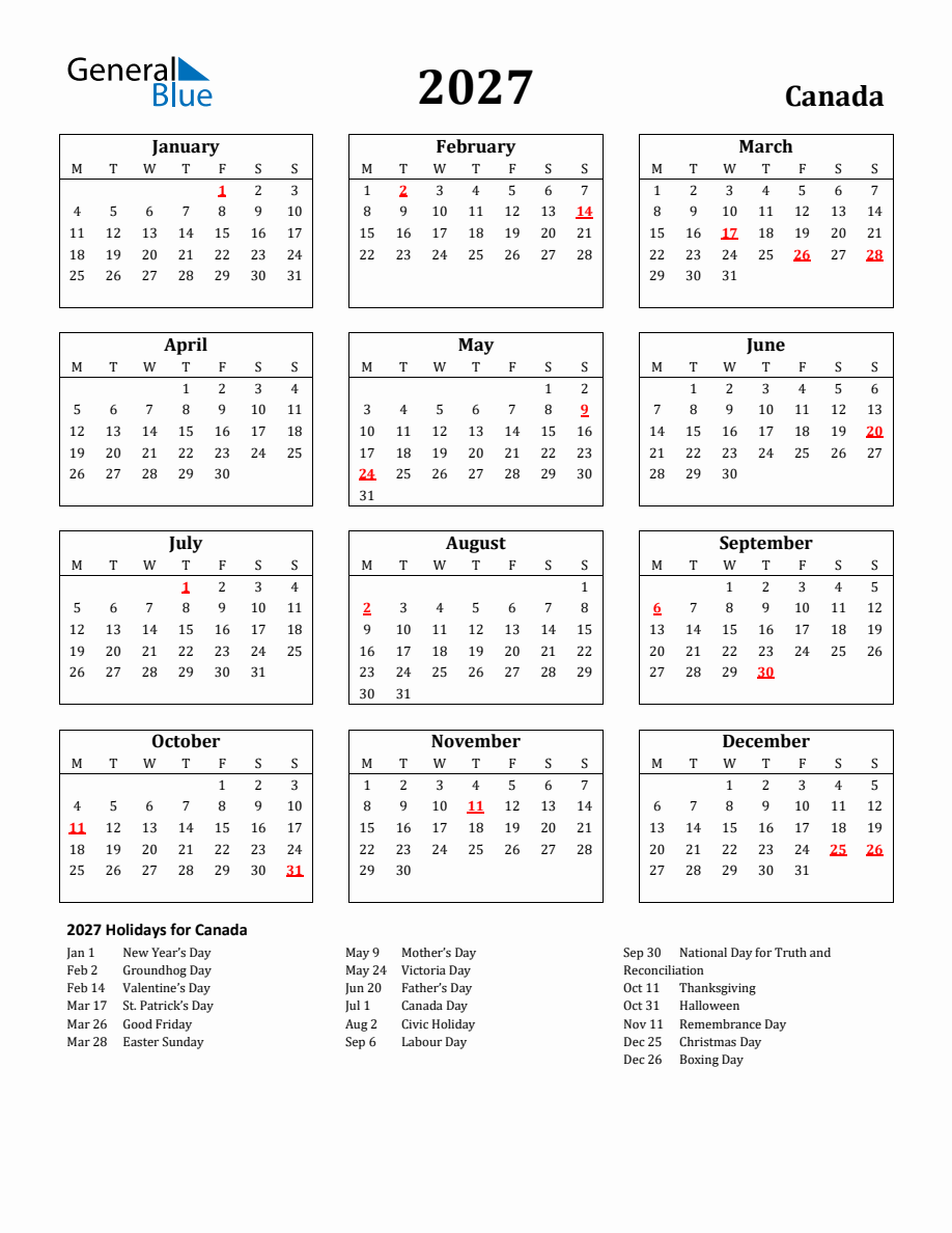 Free Printable 2027 Canada Holiday Calendar