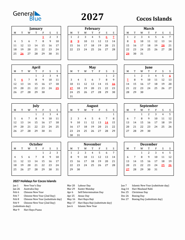 2027 Cocos Islands Holiday Calendar - Monday Start