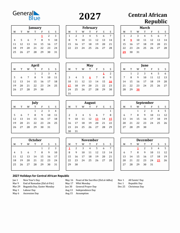 2027 Central African Republic Holiday Calendar - Monday Start