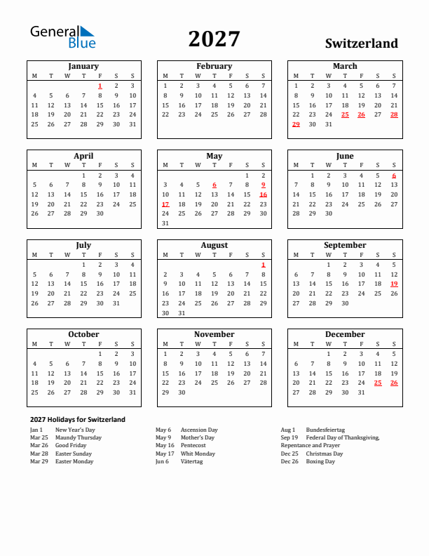 2027 Switzerland Holiday Calendar - Monday Start