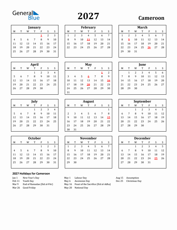 2027 Cameroon Holiday Calendar - Monday Start