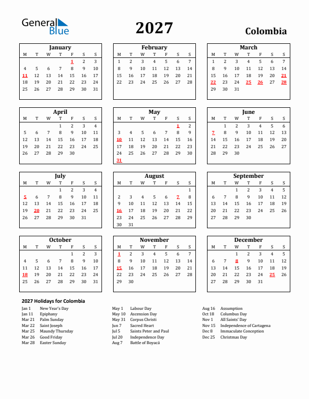 2027 Colombia Holiday Calendar - Monday Start