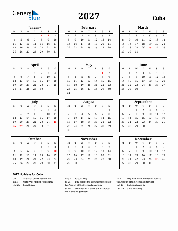 2027 Cuba Holiday Calendar - Monday Start