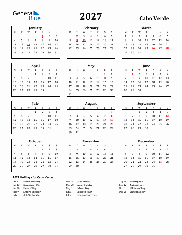 2027 Cabo Verde Holiday Calendar - Monday Start