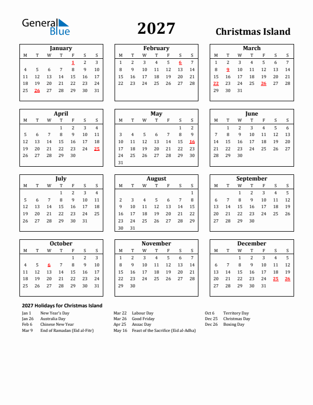 2027 Christmas Island Holiday Calendar - Monday Start