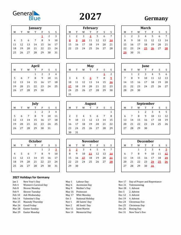 2027 Germany Holiday Calendar - Monday Start