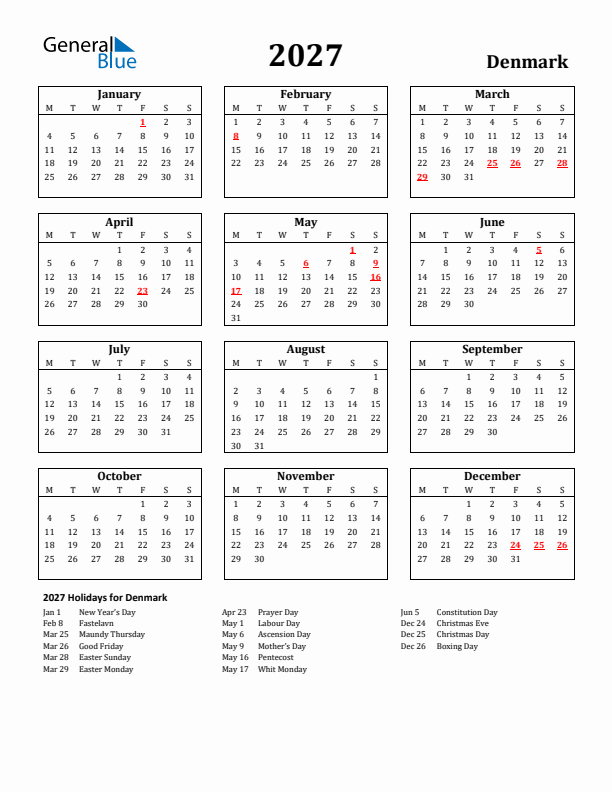 2027 Denmark Holiday Calendar - Monday Start
