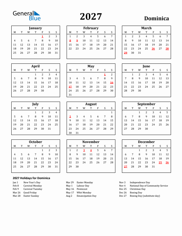 2027 Dominica Holiday Calendar - Monday Start
