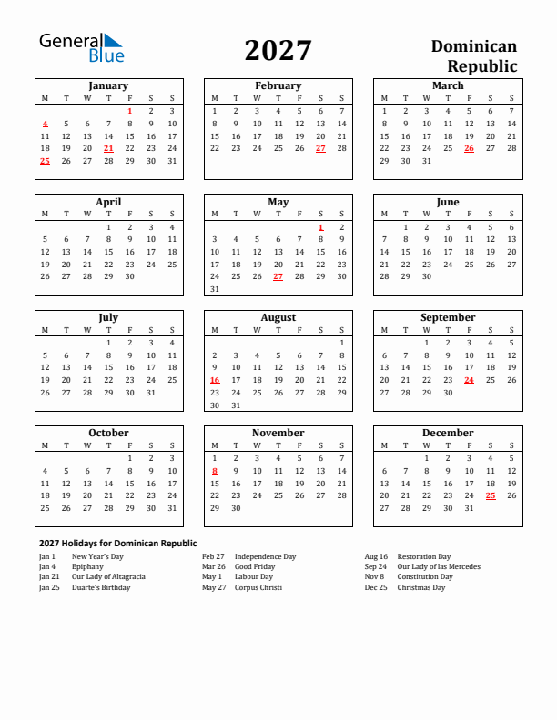 2027 Dominican Republic Holiday Calendar - Monday Start