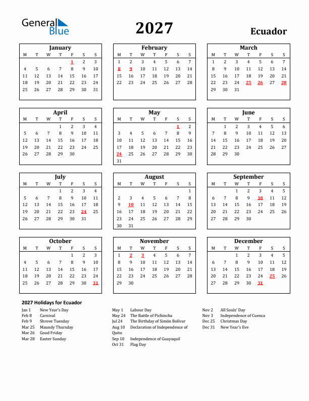 2027 Ecuador Holiday Calendar - Monday Start