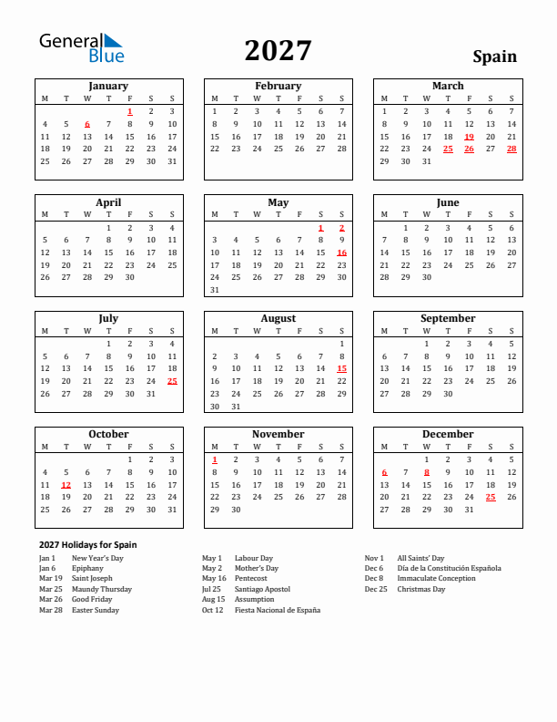 2027 Spain Holiday Calendar - Monday Start