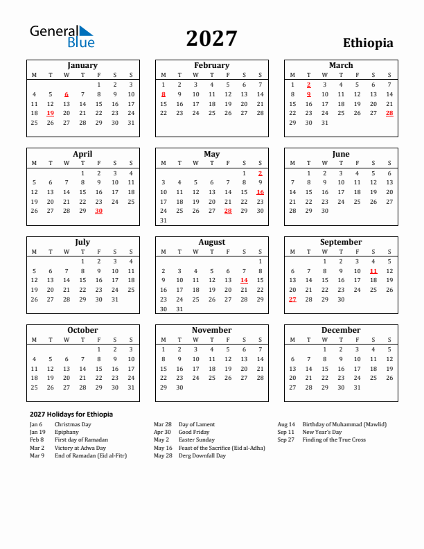 2027 Ethiopia Holiday Calendar - Monday Start