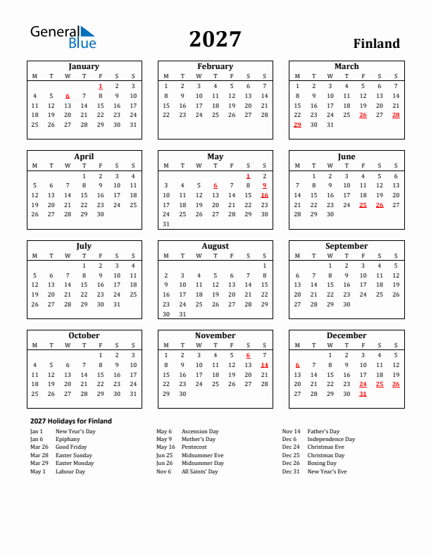 2027 Finland Holiday Calendar - Monday Start