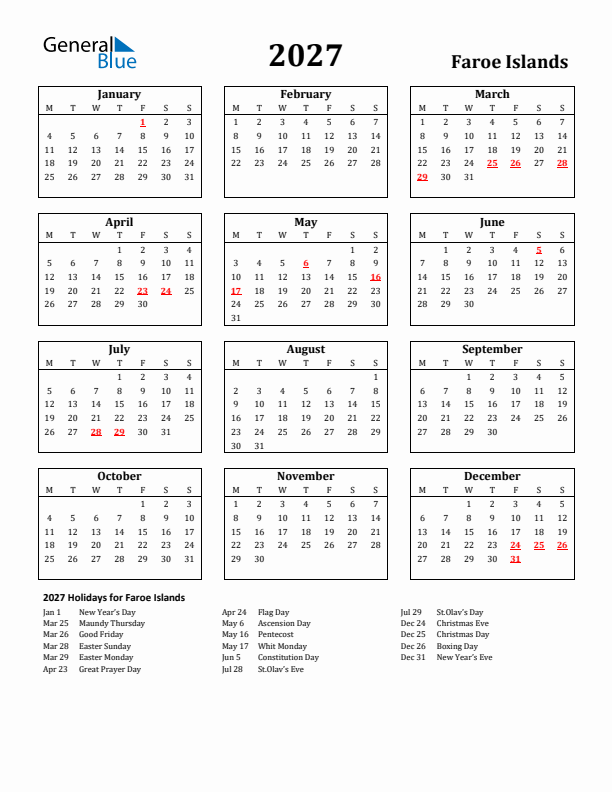 2027 Faroe Islands Holiday Calendar - Monday Start