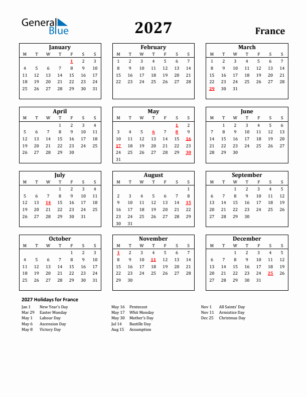 2027 France Holiday Calendar - Monday Start