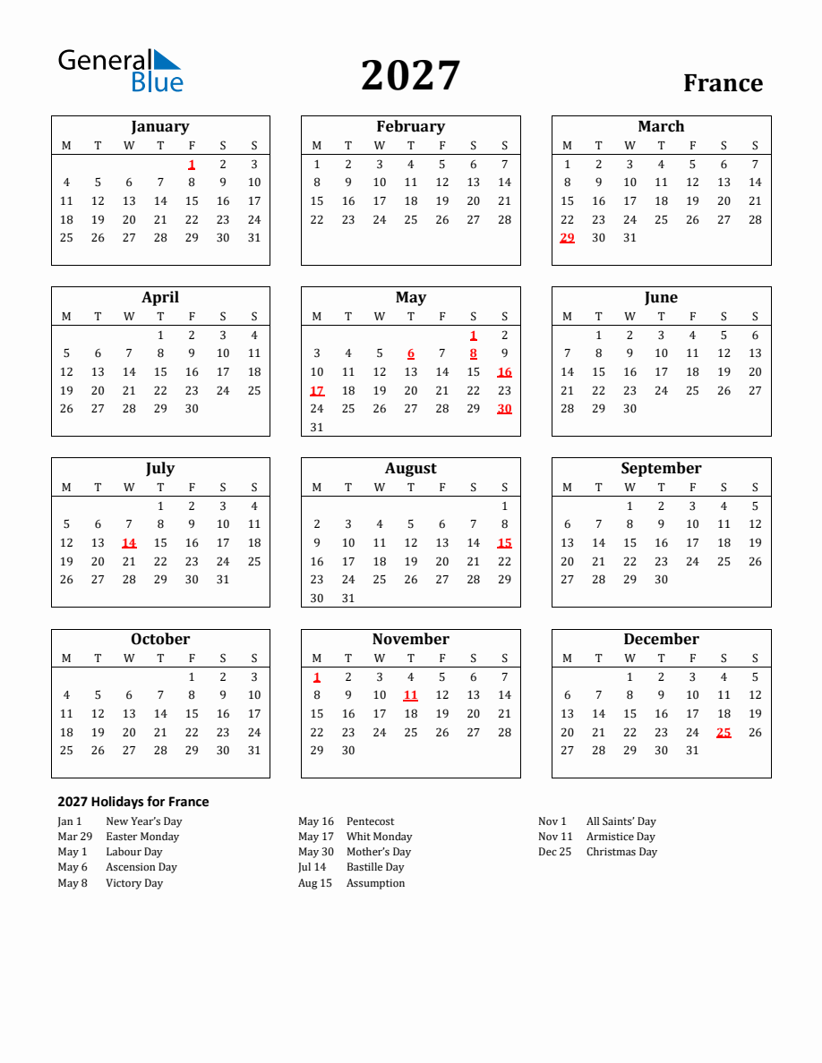 Free Printable 2027 France Holiday Calendar