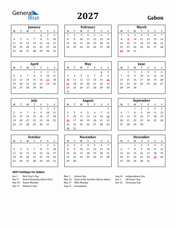2027 Gabon Holiday Calendar - Monday Start