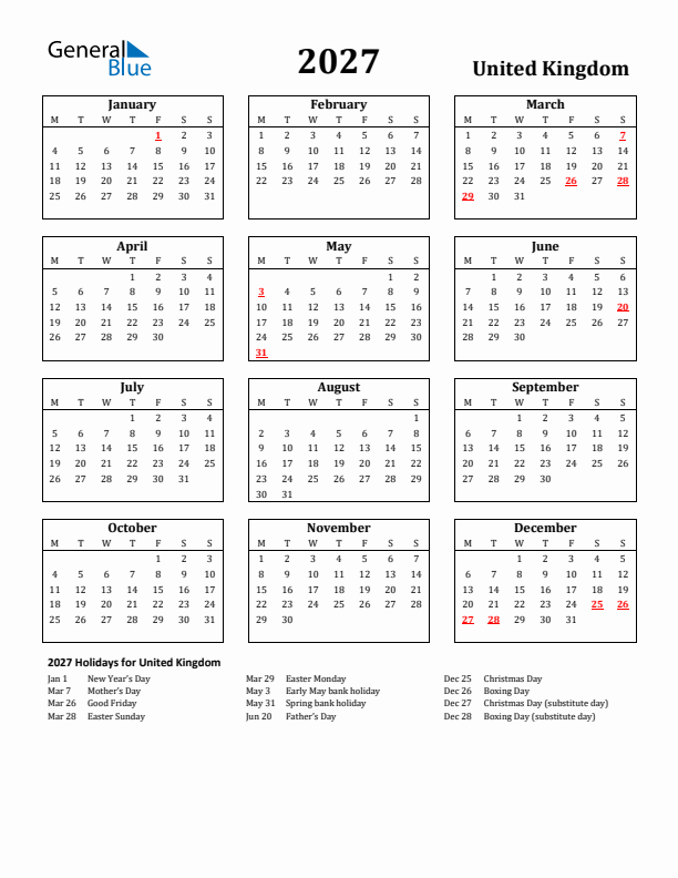 2027 United Kingdom Holiday Calendar - Monday Start