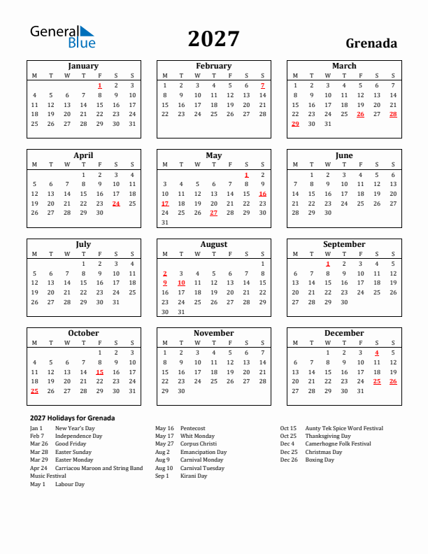 2027 Grenada Holiday Calendar - Monday Start