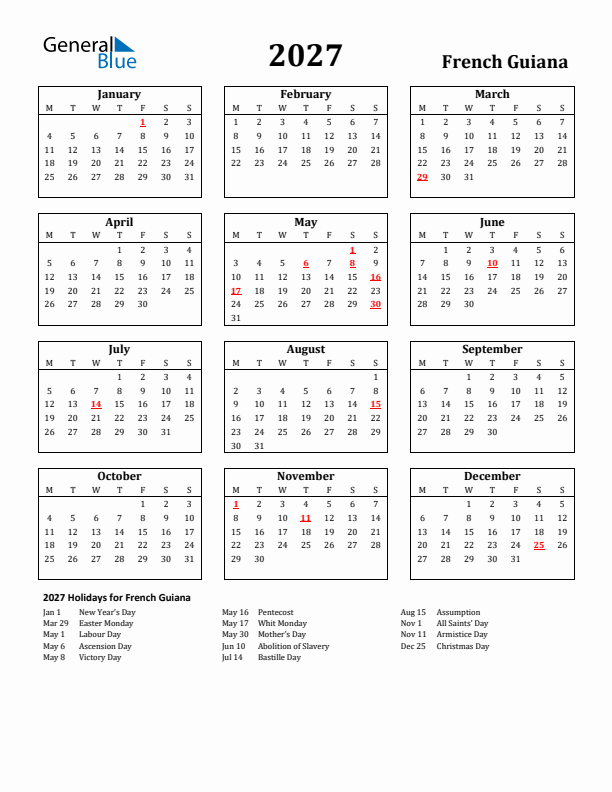 2027 French Guiana Holiday Calendar - Monday Start