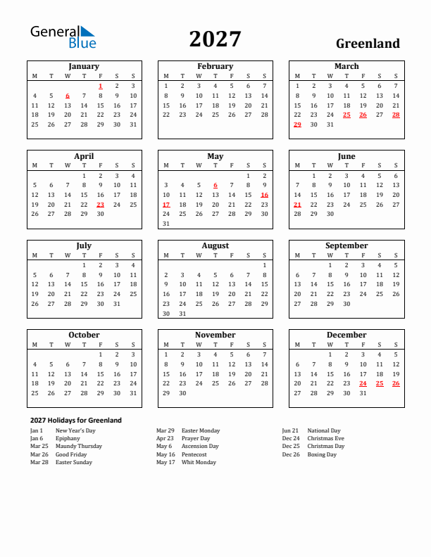 2027 Greenland Holiday Calendar - Monday Start