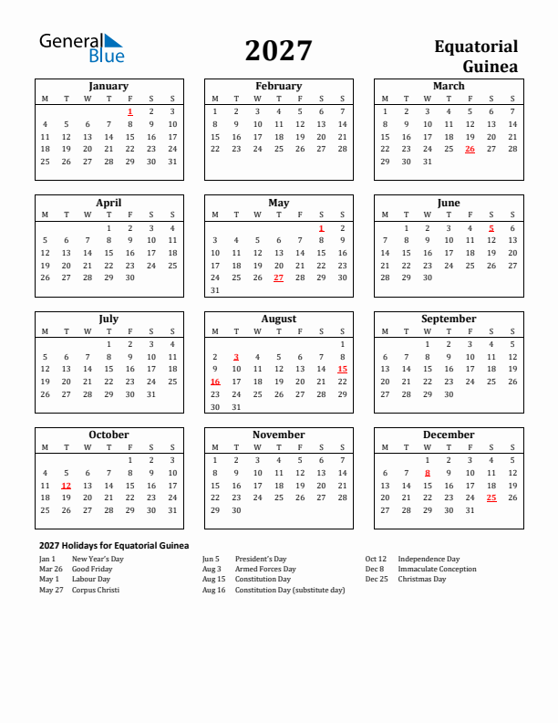 2027 Equatorial Guinea Holiday Calendar - Monday Start