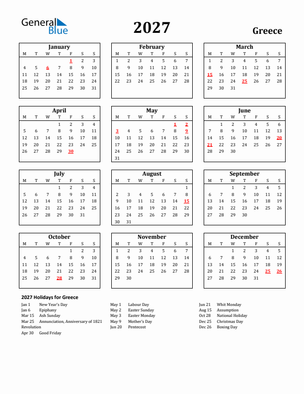 2027 Greece Holiday Calendar - Monday Start