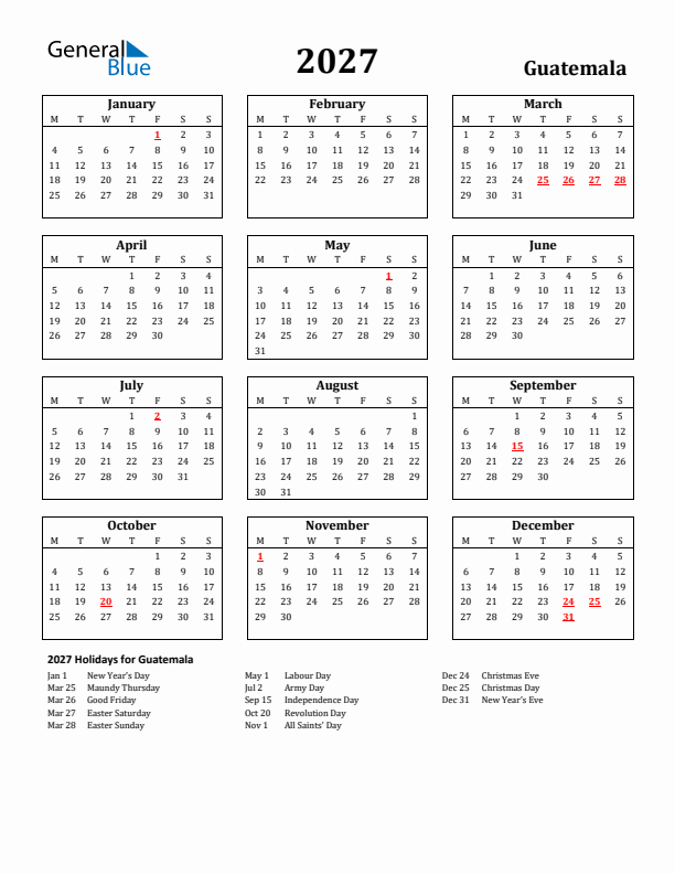 2027 Guatemala Holiday Calendar - Monday Start
