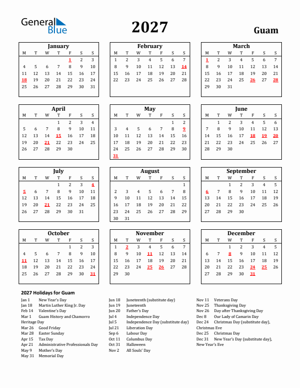 2027 Guam Holiday Calendar - Monday Start