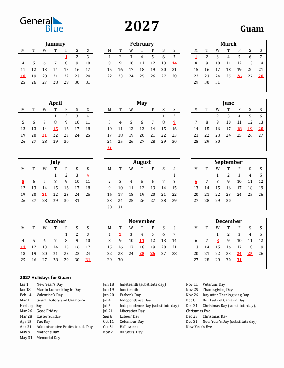 Free Printable 2027 Guam Holiday Calendar