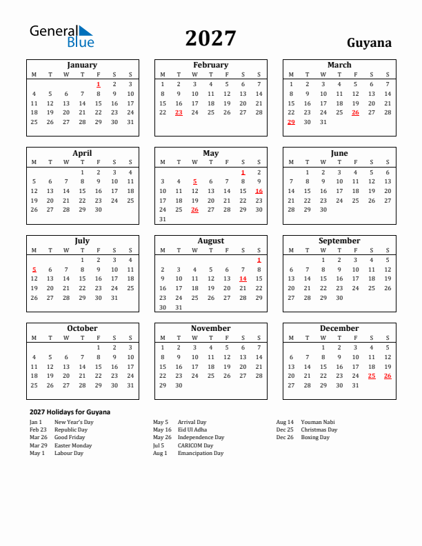 2027 Guyana Holiday Calendar - Monday Start
