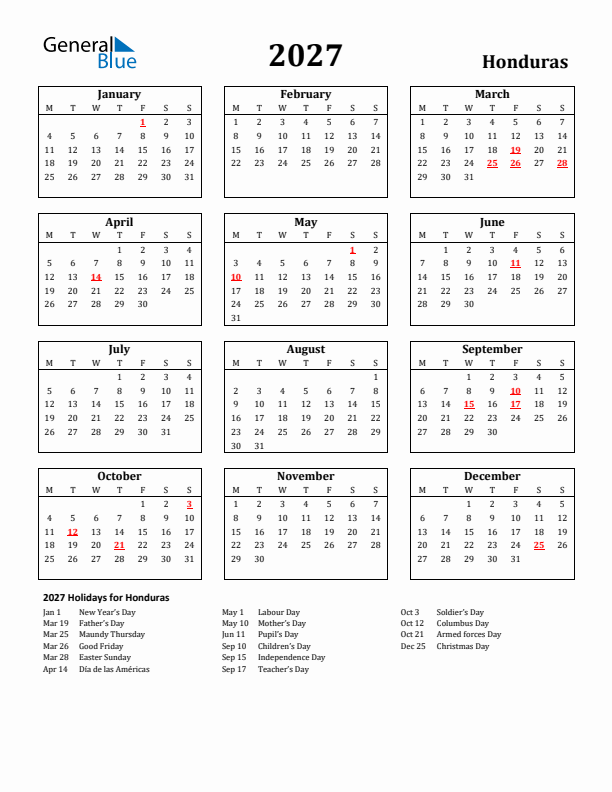 2027 Honduras Holiday Calendar - Monday Start