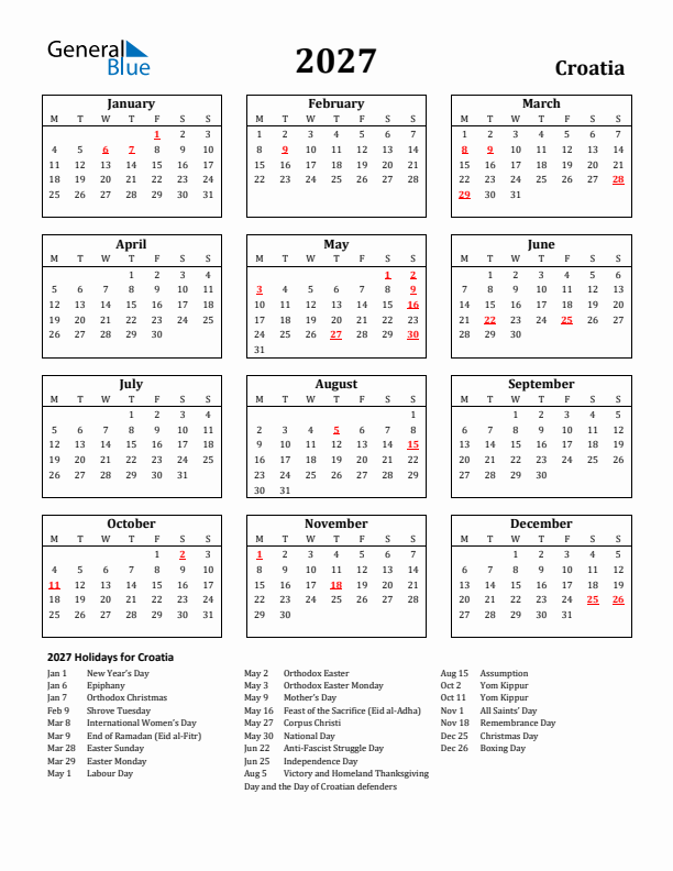 2027 Croatia Holiday Calendar - Monday Start